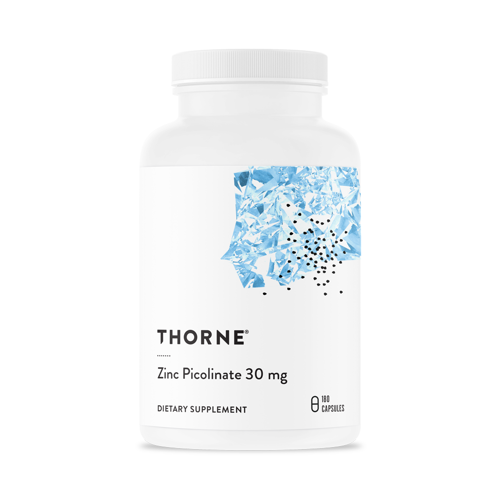 A bottle of Thorne Zinc Picolinate 30 mg dietary supplement with a white label and blue water design.