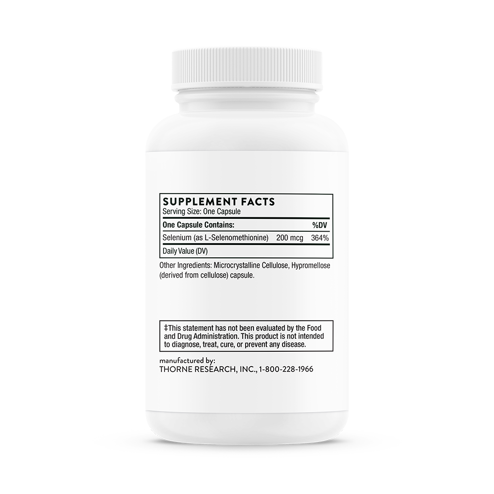 Supplement facts for a bottle of Thorne Selenium dietary supplement