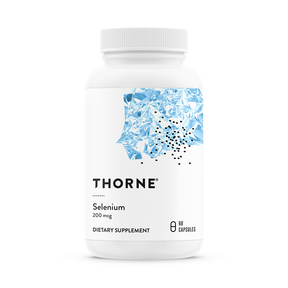 A bottle of Thorne Selenium dietary supplement with 200 mg of selenium per capsule, against a white background.