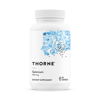A bottle of Thorne Selenium dietary supplement with 200 mg of selenium per capsule, against a white background.