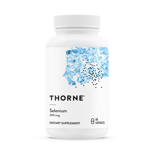 A bottle of Thorne Selenium dietary supplement with 200 mg of selenium per capsule, against a white background.