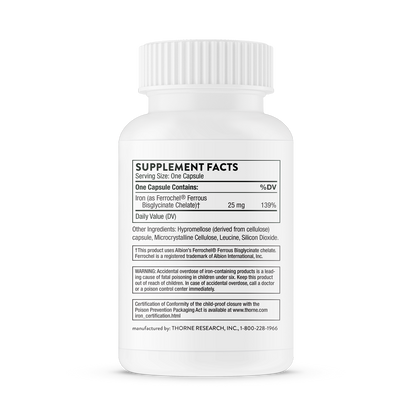 Supplement facts for  Thorne Iron Bisglycinate dietary supplement 