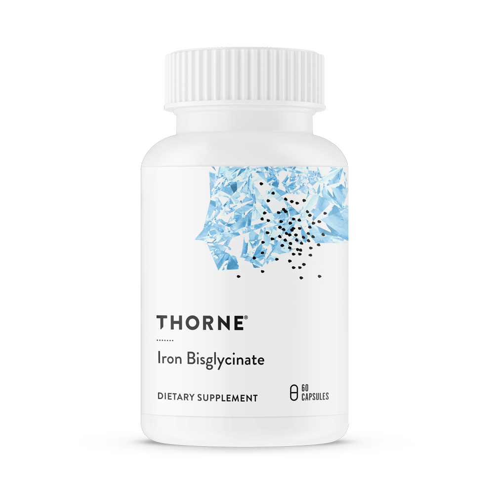A bottle of Thorne Iron Bisglycinate dietary supplement with a white label and blue graphic.