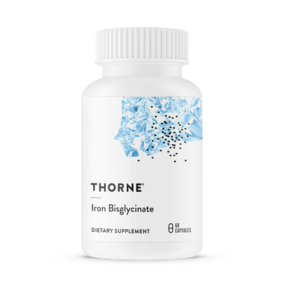 A bottle of Thorne Iron Bisglycinate dietary supplement with a white label and blue graphic.