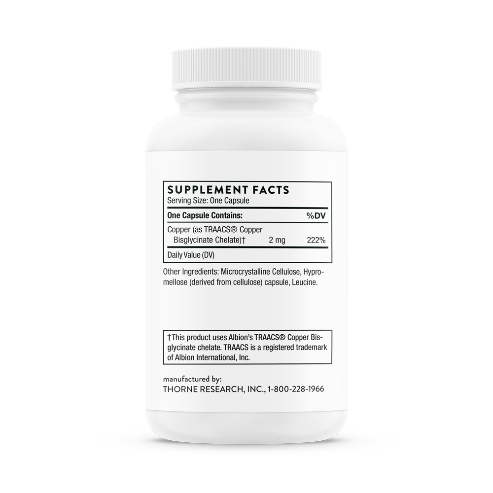 Supplement facts label for 'THORNE Copper Bisglycinate, DIETARY SUPPLEMENT