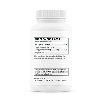 Supplement facts label for 'THORNE Copper Bisglycinate, DIETARY SUPPLEMENT