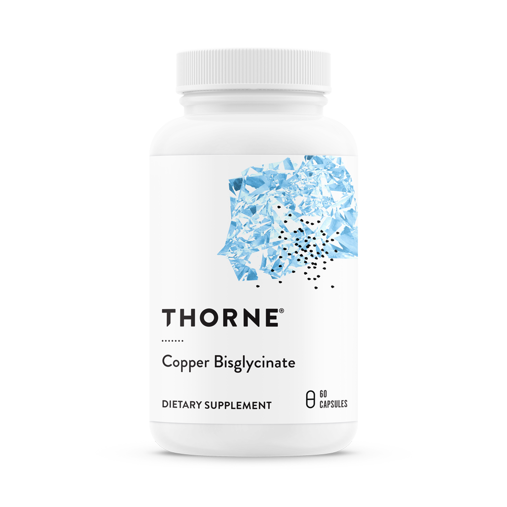 A white bottle with a blue pattern, labeled 'THORNE Copper Bisglycinate, DIETARY SUPPLEMENT, 60 capsules'.