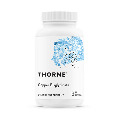 A white bottle with a blue pattern, labeled 'THORNE Copper Bisglycinate, DIETARY SUPPLEMENT, 60 capsules'.