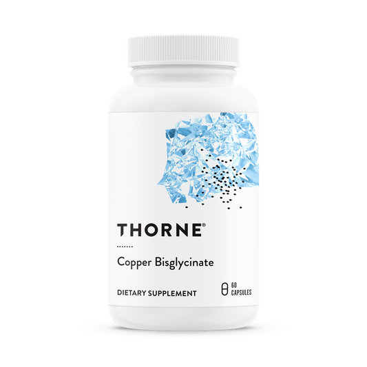 A white bottle with a blue pattern, labeled 'THORNE Copper Bisglycinate, DIETARY SUPPLEMENT, 60 capsules'.