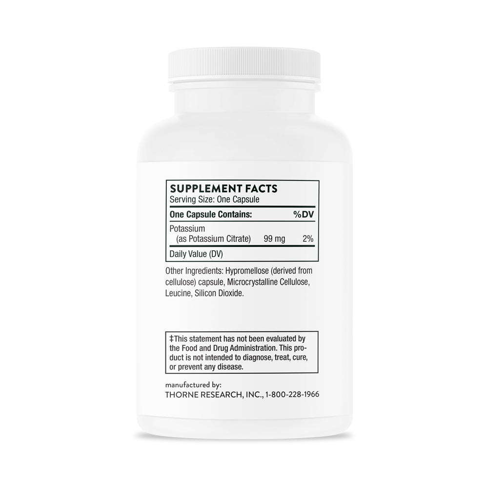 Supplement facts for a bottle of Thorne Potassium Citrate dietary supplement
