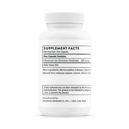 Supplement facts for a bottle of Thorne Chromium Picolinate dietary supplement