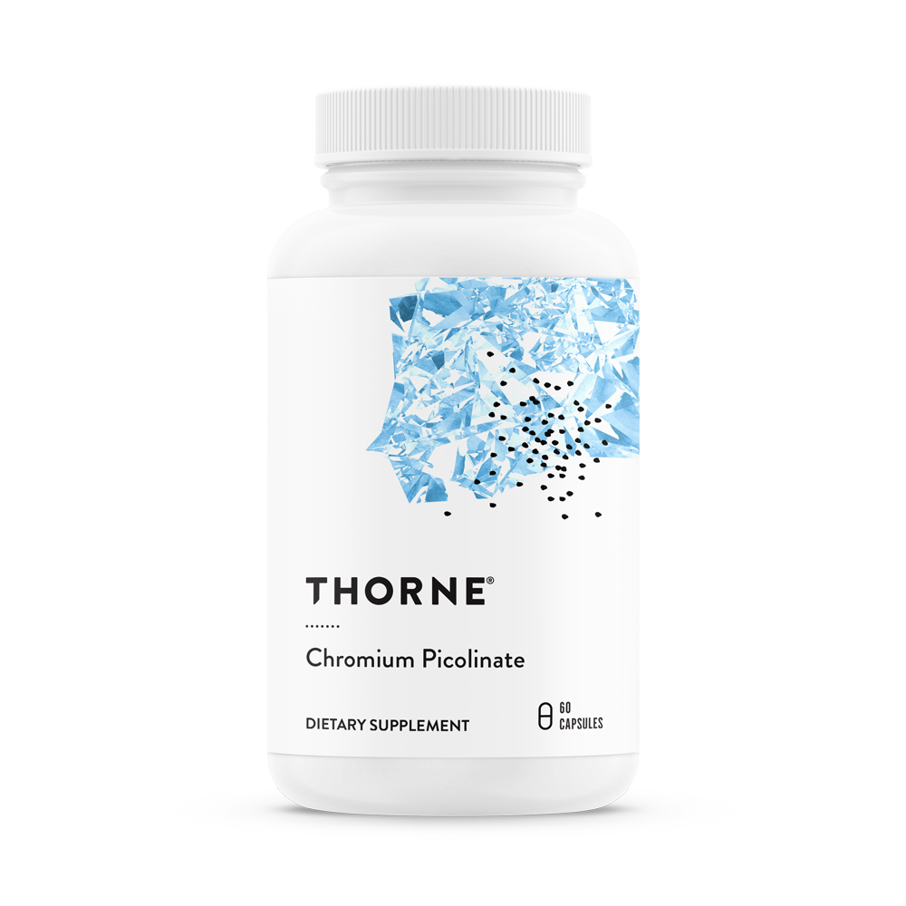 A bottle of Thorne Chromium Picolinate dietary supplement with a white label and blue pattern.