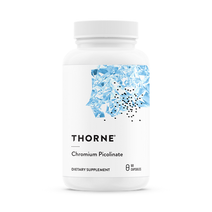 A bottle of Thorne Chromium Picolinate dietary supplement with a white label and blue pattern.