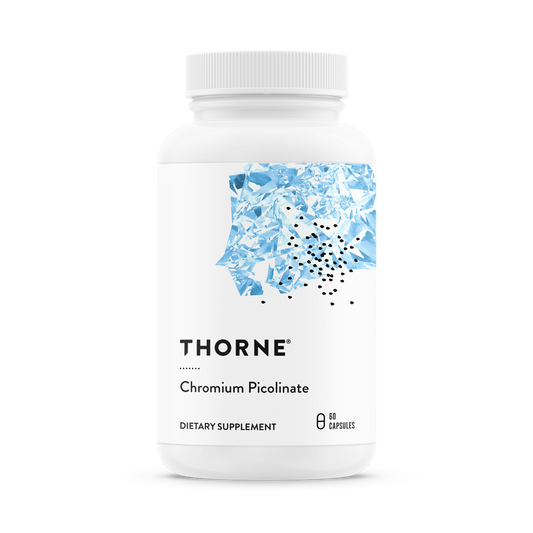 A bottle of Thorne Chromium Picolinate dietary supplement with a white label and blue pattern.