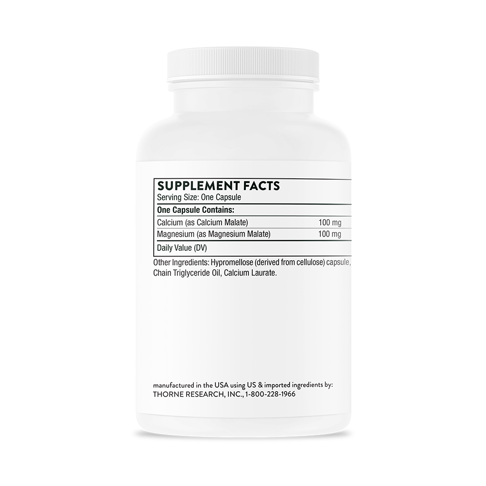 Supplement facts for a bottle of Thorne Calcium-Magnesium Malate dietary supplement  
