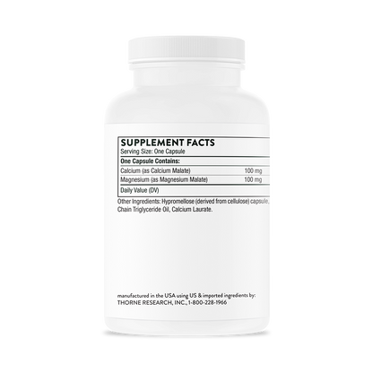 Supplement facts for a bottle of Thorne Calcium-Magnesium Malate dietary supplement  