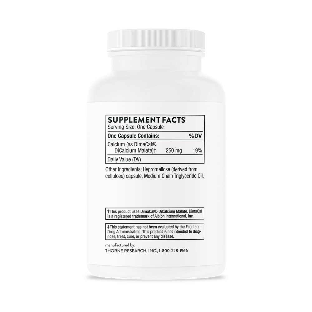 Supplement facts for a  bottle of Thorne Calcium dietary supplement 