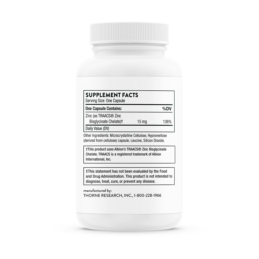 Supplement facts for a bottle of Thorne Zinc Bisglycinate 15 mg dietary supplement