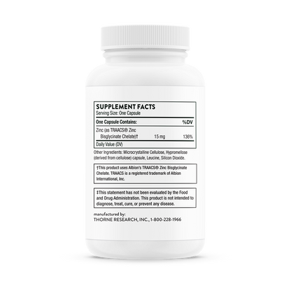 Supplement facts for a bottle of Thorne Zinc Bisglycinate 15 mg dietary supplement