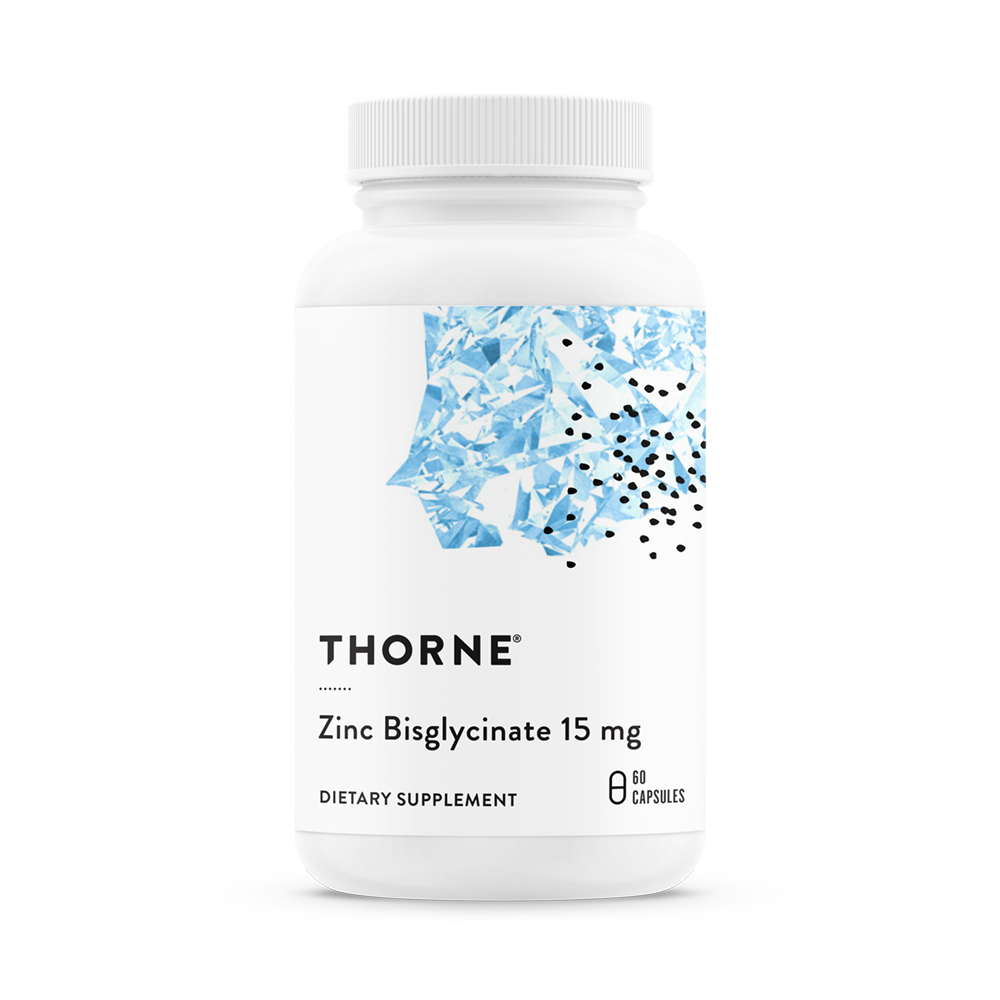 A bottle of Thorne Zinc Bisglycinate 15 mg dietary supplement.