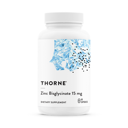 A bottle of Thorne Zinc Bisglycinate 15 mg dietary supplement.