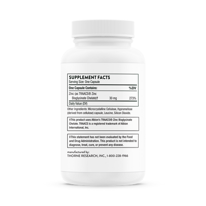 Supplement facts for a bottle of Thorne Zinc Bisglycinate