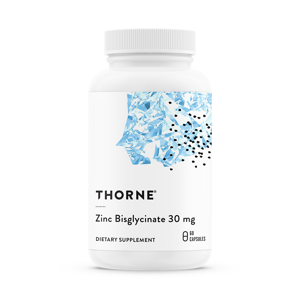 A bottle of Thorne Zinc Bisglycinate 30 mg dietary supplement.