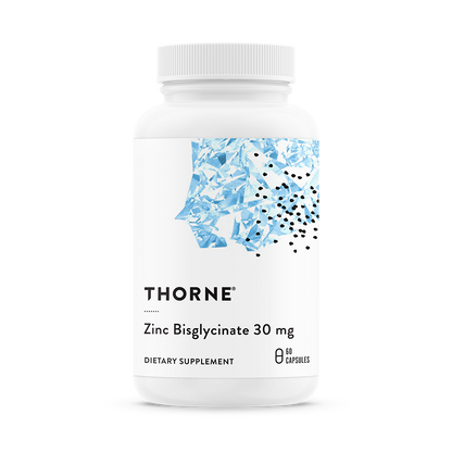 A bottle of Thorne Zinc Bisglycinate 30 mg dietary supplement.