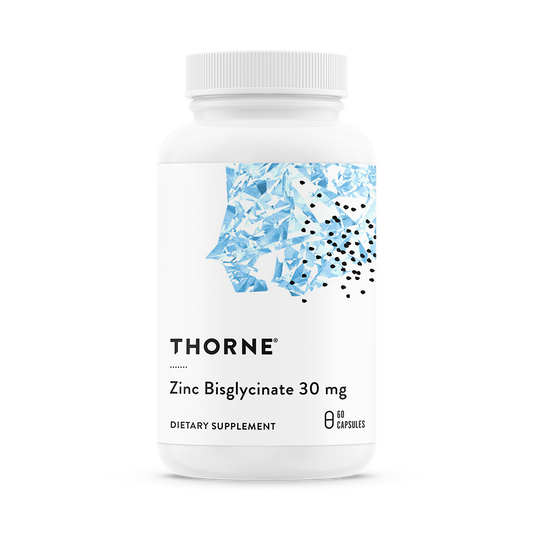 A bottle of Thorne Zinc Bisglycinate 30 mg dietary supplement.