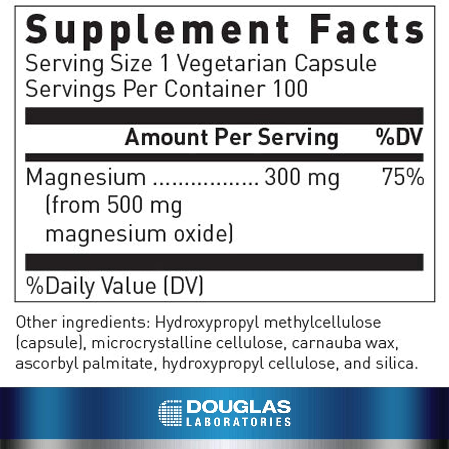 Supplement facts for a bottle of Douglas Labs Magnesium Oxide dietary supplement 
