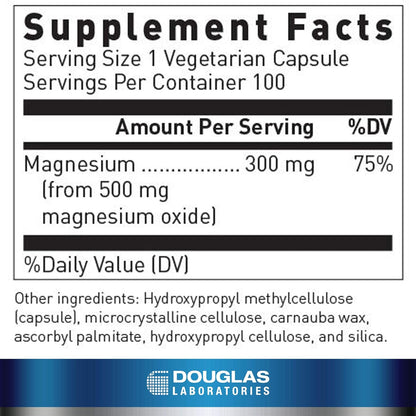 Supplement facts for a bottle of Douglas Labs Magnesium Oxide dietary supplement 