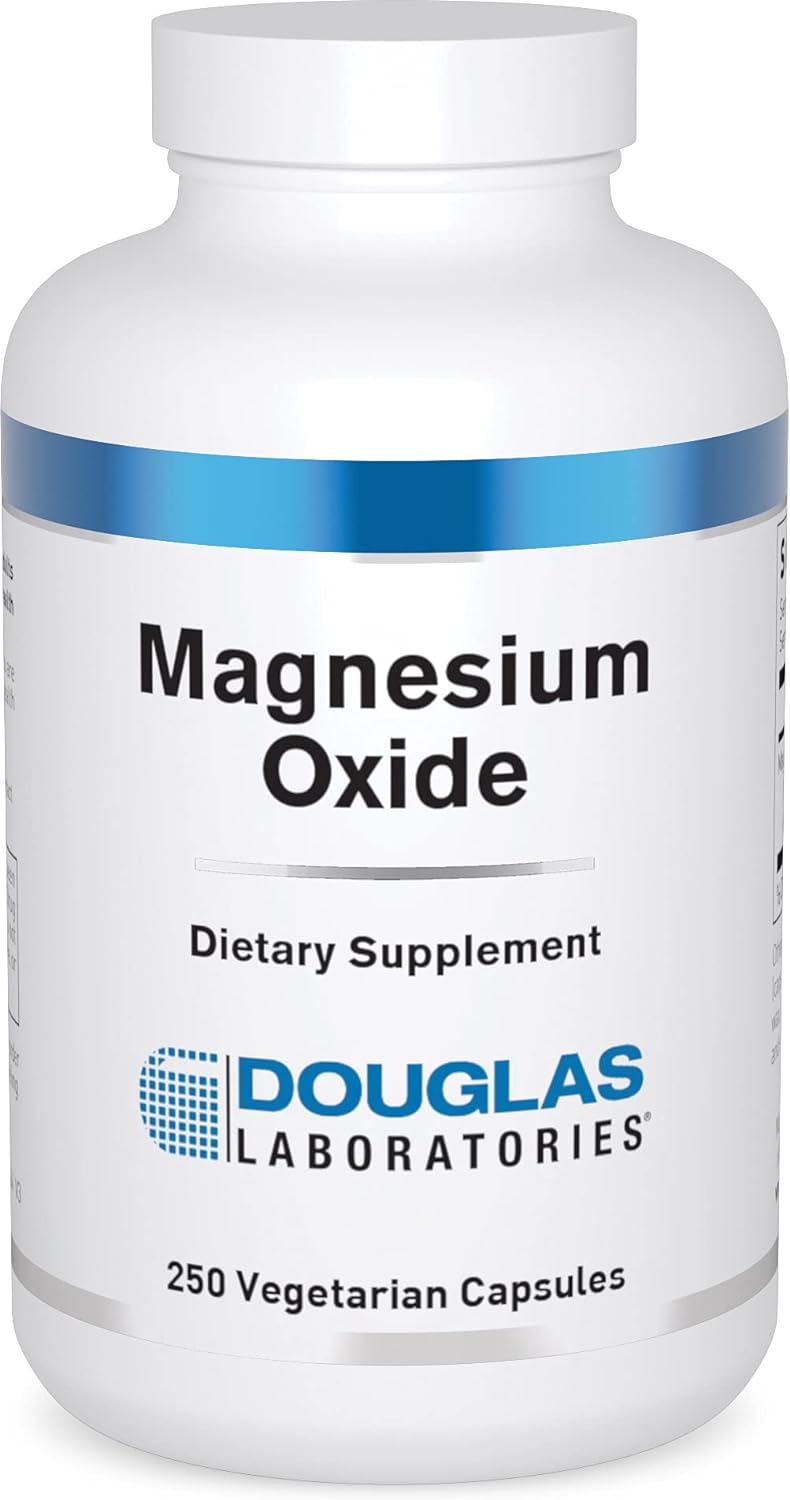 A bottle of Douglas Labs Magnesium Oxide dietary supplement containing 250 capsules.