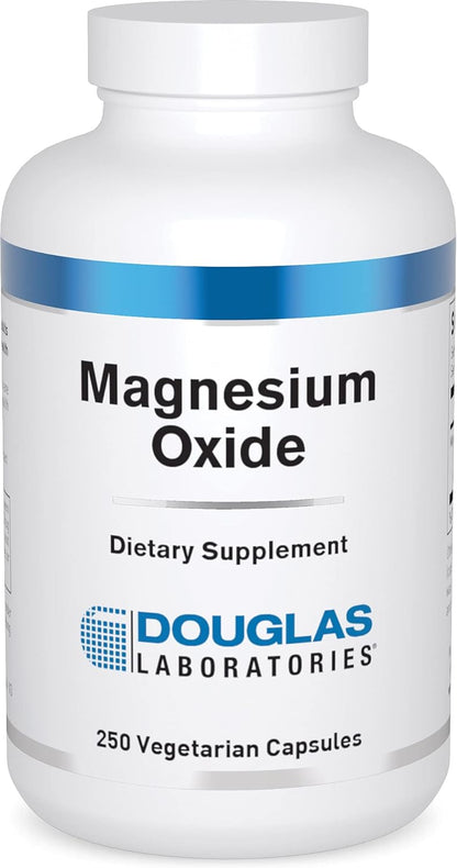 A bottle of Douglas Labs Magnesium Oxide dietary supplement containing 250 capsules.