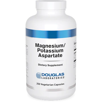 A bottle of Douglas Labs Magnesium/Potassium Aspartate dietary supplement with 250 vegetarian capsules.