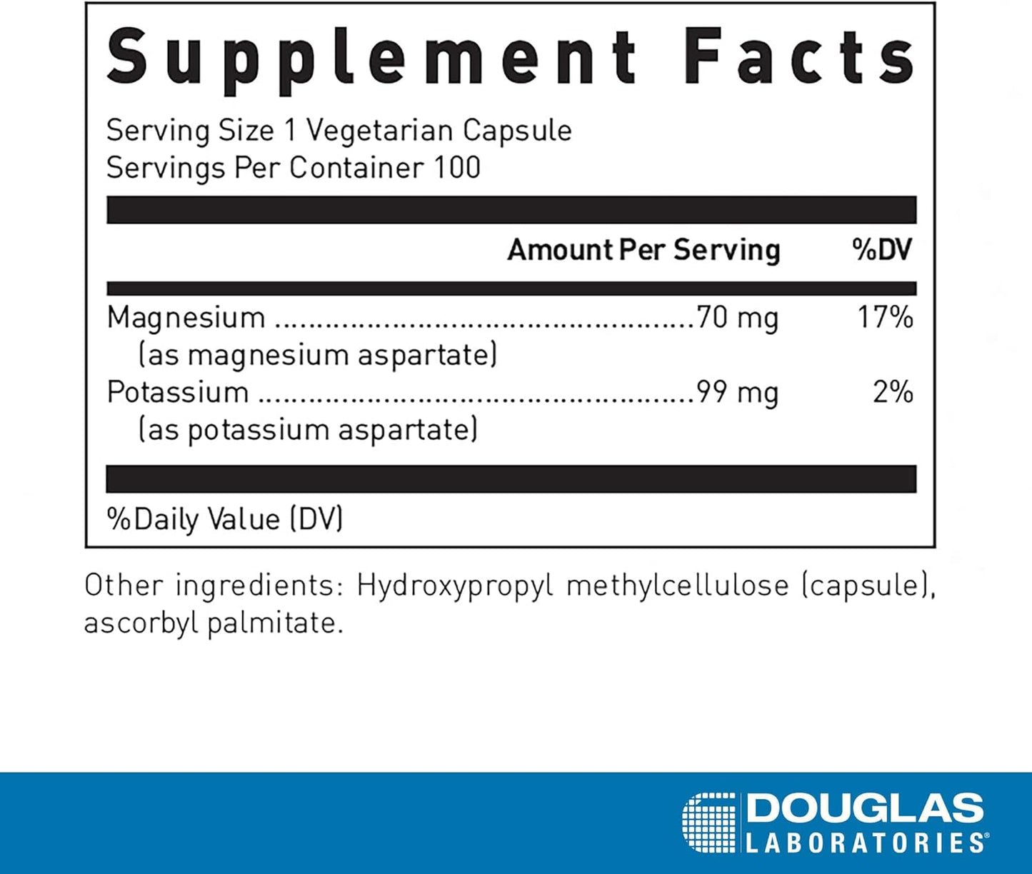 Supplement facts for a  bottle of Douglas Labs Magnesium/Potassium Aspartate dietary supplement