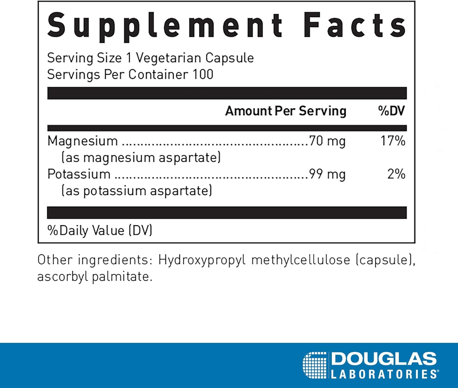 Supplement facts for a  bottle of Douglas Labs Magnesium/Potassium Aspartate dietary supplement