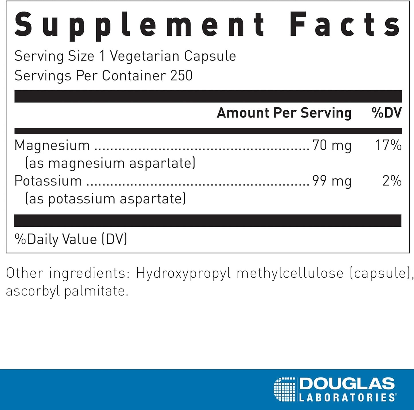 Supplement facts for a  bottle of Douglas Labs Magnesium/Potassium Aspartate dietary supplement