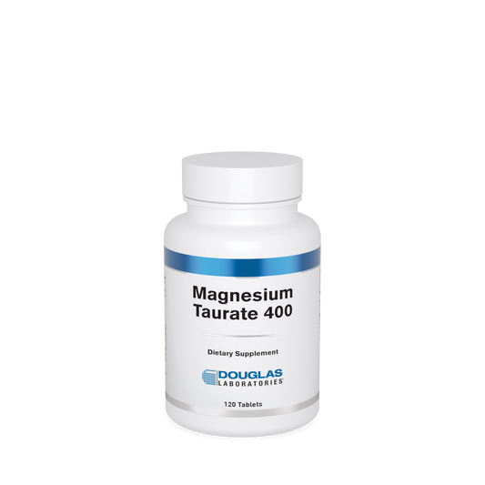 A bottle of Douglas Labs Magnesium Taurate 400 dietary supplement with 180 tablets.