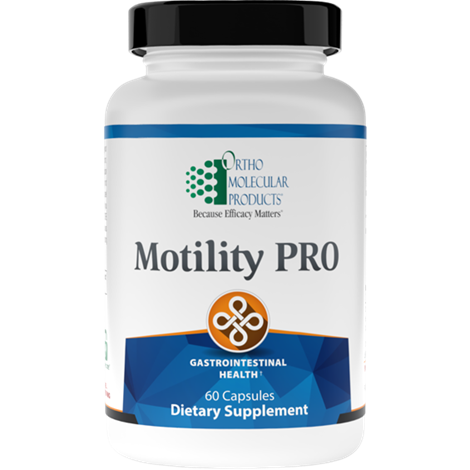 A bottle of Orthomolecular Products Motility PRO, which is a dietary supplement for gastrointestinal health with 60 capsules.
