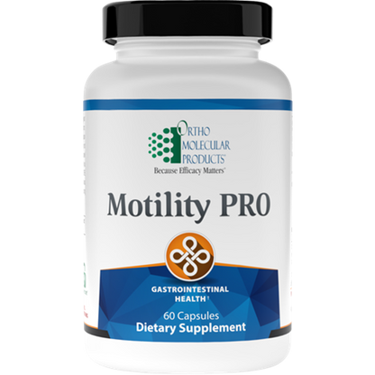 A bottle of Orthomolecular Products Motility PRO, which is a dietary supplement for gastrointestinal health with 60 capsules.