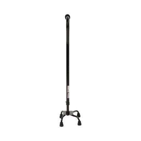 A black McKesson small base quad cane with a steel shaft and a rubber tip, designed for mobility and accessibility assistance.