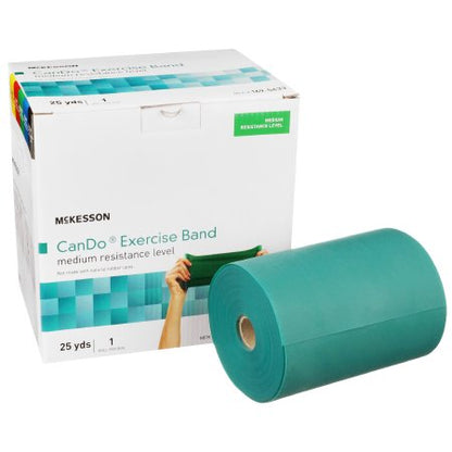 Box of Mckesson CanDo Exercise Band with green band and hands, with the green roll next to the box.  