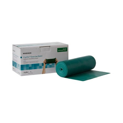 Green exercise resistance band rolled out next to its packaging box, which is white and blue with the McKesson brand visible.