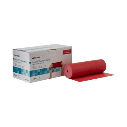A red McKesson CanDo exercise resistance band rolled out on a flat surface with the product packaging box in the background.