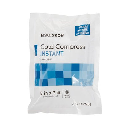 Packaging of McKesson Instant Cold Compress ice pack, indicating size 5x7 inches and model number 16-9702, as well as being disposable.