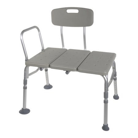 McKesson aluminum transfer bench with removable arm rail, adjustable height, and slip-resistant tips.