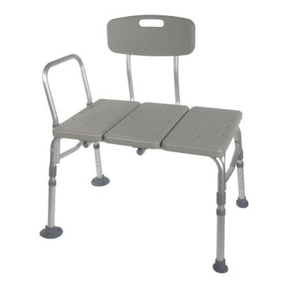 McKesson aluminum transfer bench with removable arm rail, adjustable height, and slip-resistant tips.