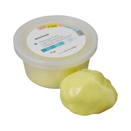 A container of McKesson Therapy Putty in yellow, with a label indicating resistance levels and safety information.