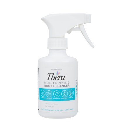 Pump bottle of Thera Moisturizing Body Cleanser with a white and teal label, indicating that it is scented and has dimethicone and hyaluronic acid in it.