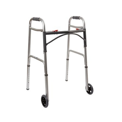 An aluminum framed folding walker with wheels and adjustable height settings, designed for adult usage.